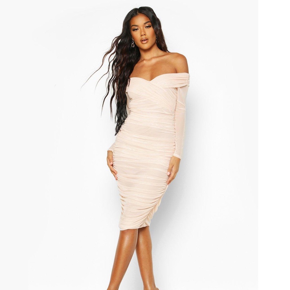 Off Shoulder Ruched Mesh Bodycon Midi Dress